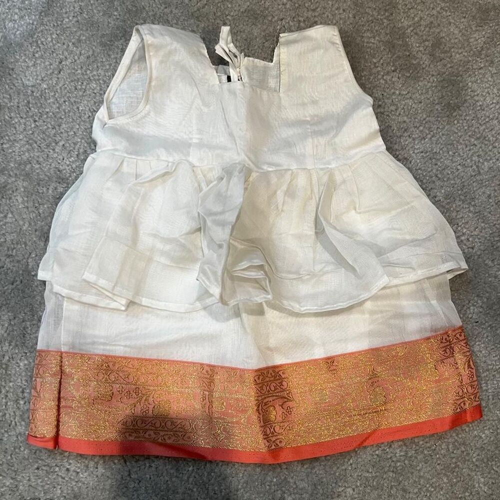 Girl White Indian-style baby dress tiered ruffle bodice, traditional gold-border - Picture 1 of 3